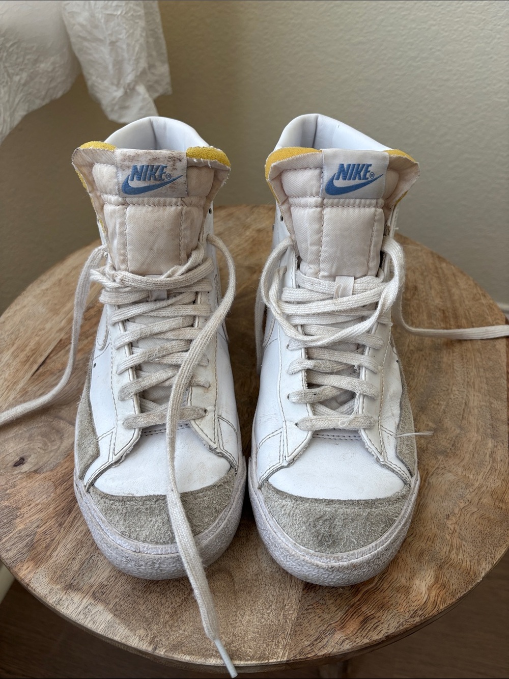 Nike White Blazers, Beige & Yellow High-Top Athletic Shoes